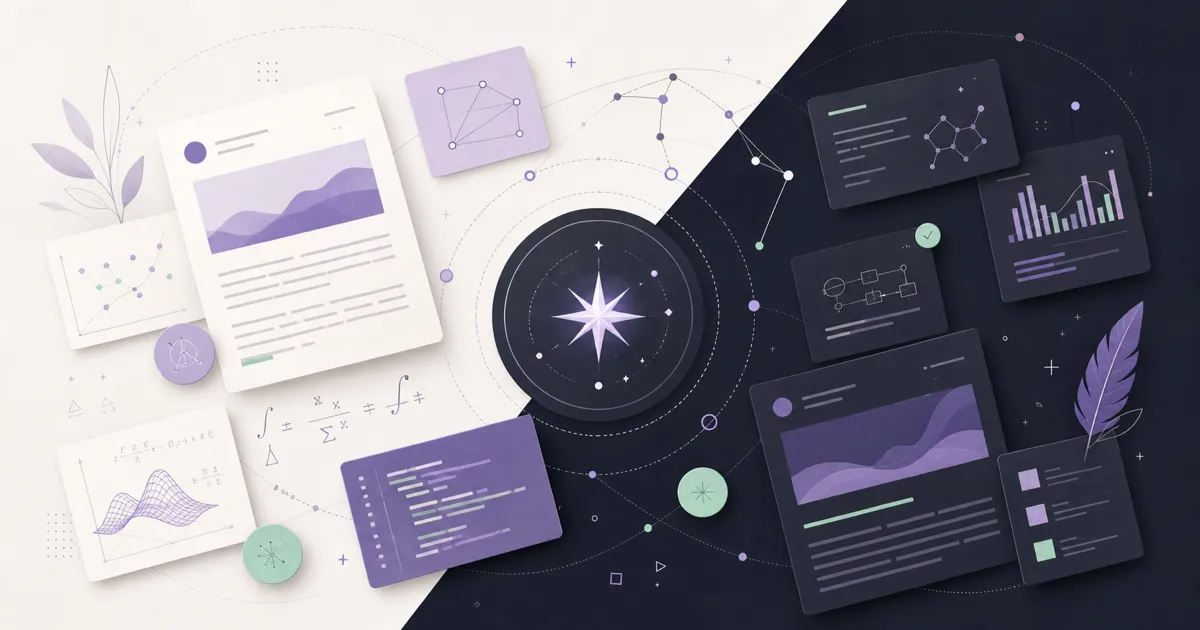 A light and dark research workspace with profile, publication, project, code, and writing cards.